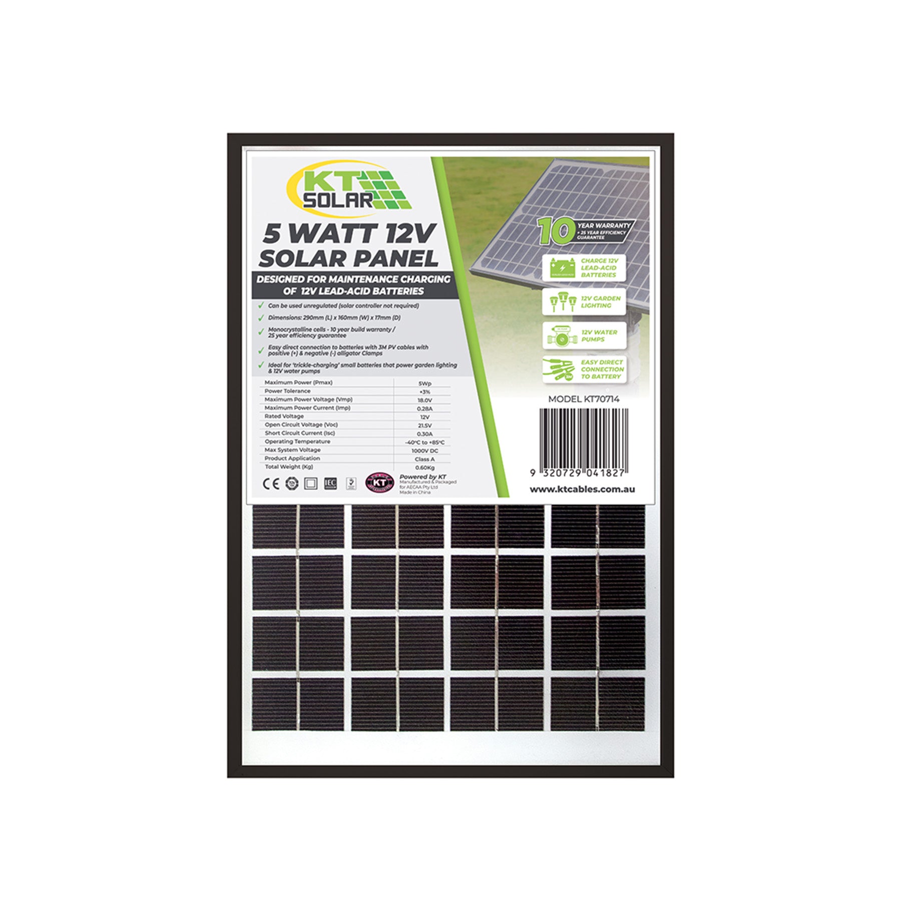 5 Watt, 12V Single Cell Monocrystalline Solar Panel