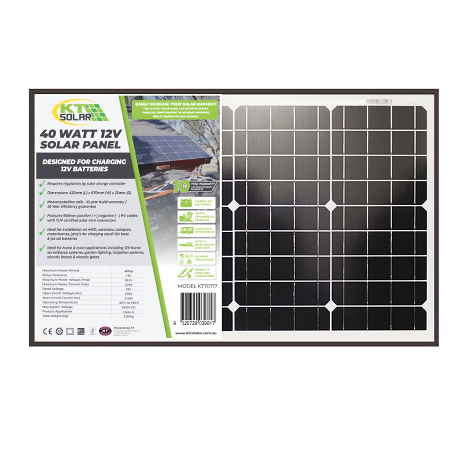 40 Watt, 12V Single Cell Monocrystalline Solar Panel