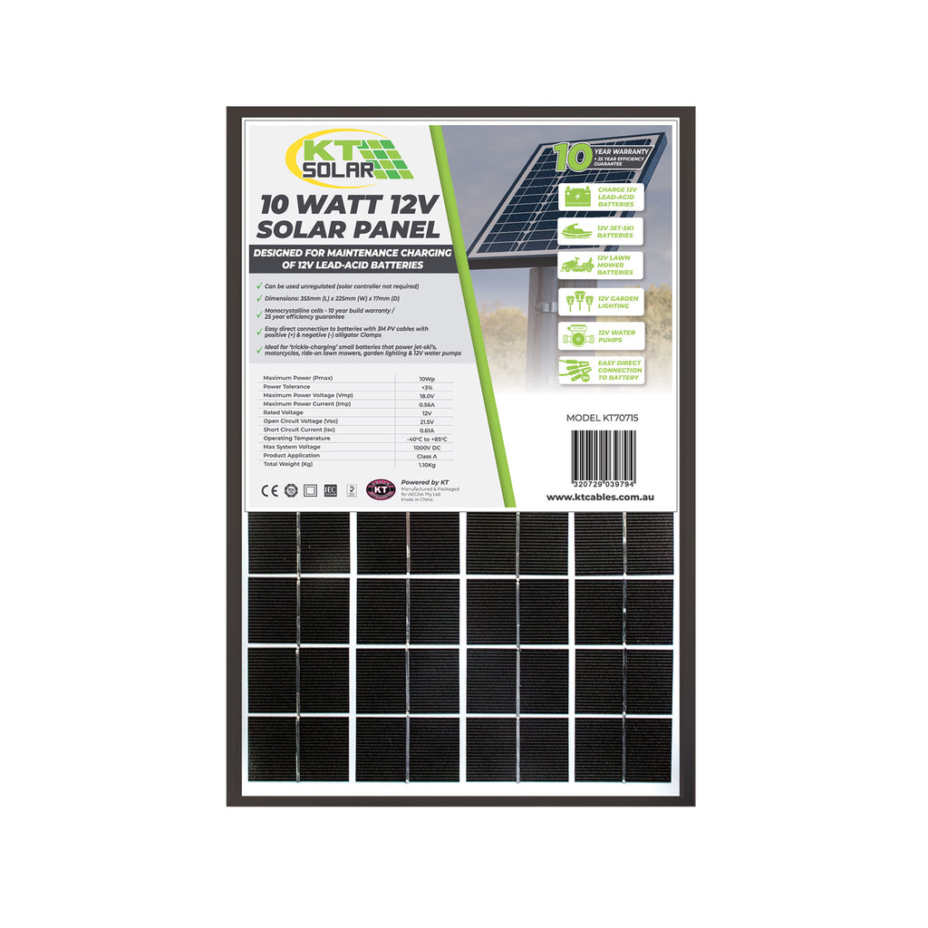 10 Watt, 12V Single Cell Monocrystalline Solar Panel